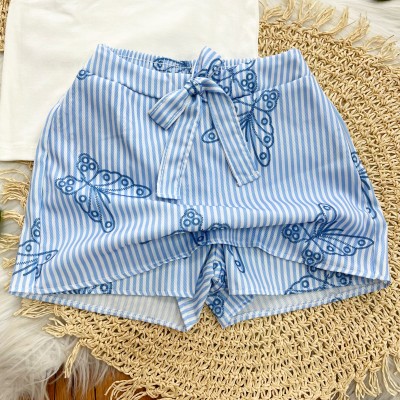 Conj Blusa Off e Shorts Saia Listrado com Borboletas
